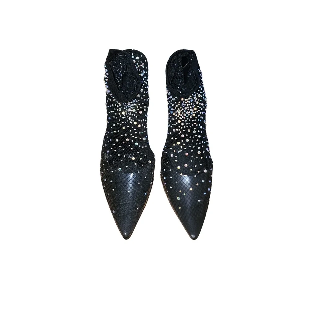 Black Rhinestone Mesh Sock Ankle Boots Pointed Toe Stiletto Heels Glamour